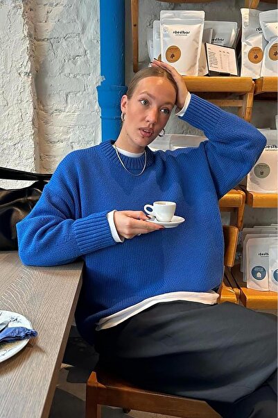 Seeh Saks Bisiklet Yaka Oversize Triko Kazak SH173