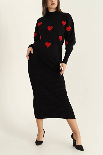 Giyimsel Women's Knitwear Hearted Jilet Dress Sweater Set