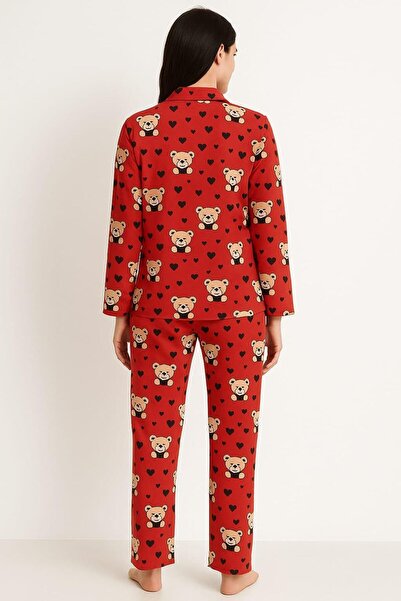 Pemilo Kadın 6444 Önden Düğmeli Süet Uzun Kol Pijama Takımı KIRMIZI