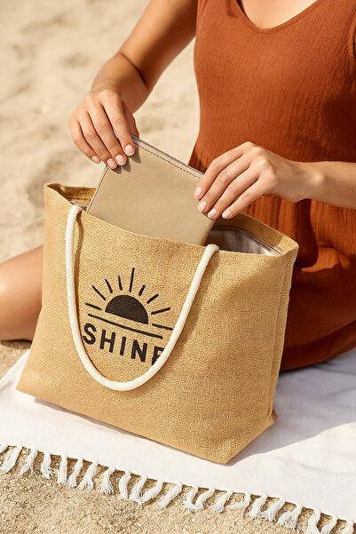 Serstil Women's Straw Beach Bag and Wallet Set - Summer Print Detailed Shoulder Bag 55 X 37 X 17 cm