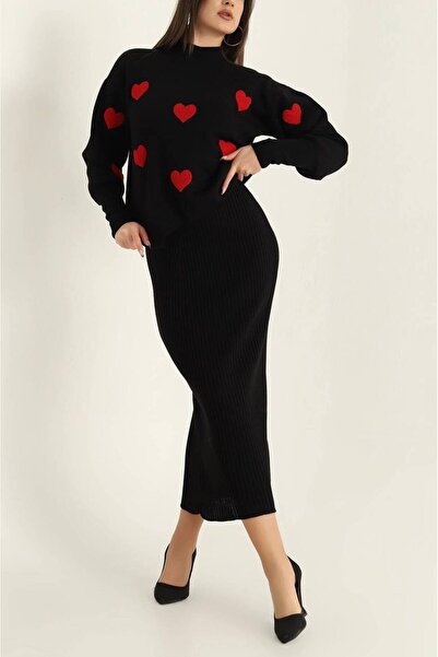 Giyimsel Women's Knitwear Hearted Jilet Dress Sweater Set