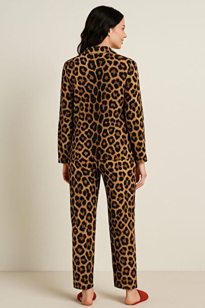 Pemilo Set de pijamale cu mânecă lungă și nasturi din piele intoarsa pentru femei 6443 LEOPARD