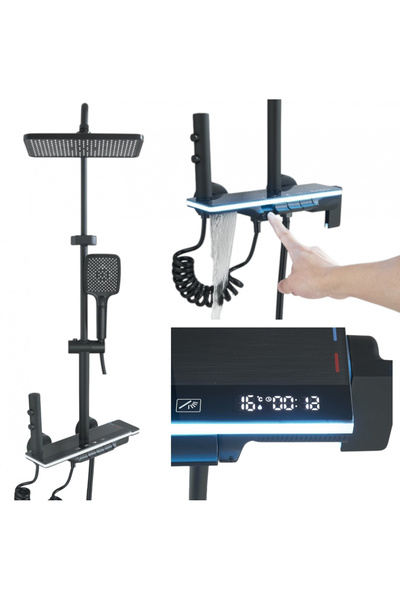 BisDesign ® Bathroom Shower Column, LCD Display, Thermostat, Piano Key, Black, Rain Effect, 4 Flow