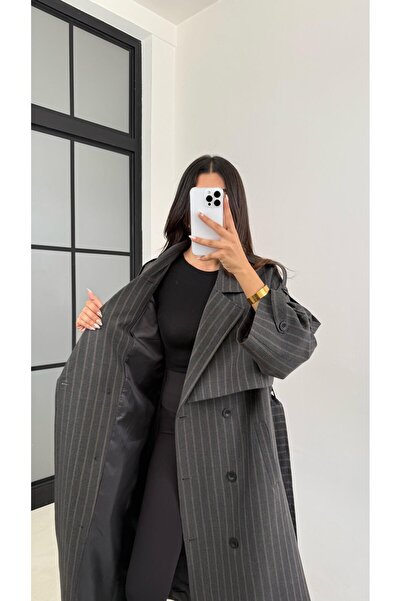 Gaus Gri Çizgi Detaylı Kuşaklı Astarlı Premium Uzun Trençkot GAUS-00120