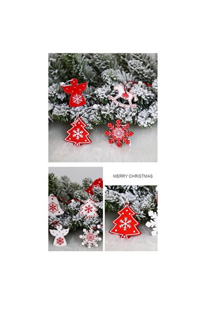 Flippy Set of 12 Wooden Christmas Decorations — Reindeer & Snowflakes, Red-White