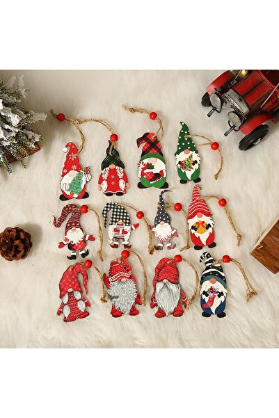 Flippy Set of 9 Wooden Christmas Decorations with Hanging String, Santa Model, Mixed Sizes, Red