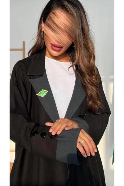 outline Luxurious black abaya with wide sleeves and olive details