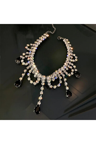 Choice black Black Water Drop Crystal Choker Necklaces for Women Long Tassel Rhinestones Necklaces Stateme