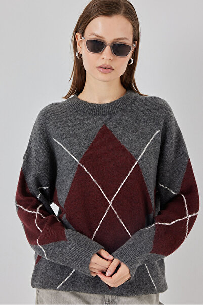 Bigdart 15895 Pulover tricotat supradimensionat cu model de diamante - K. Antracit