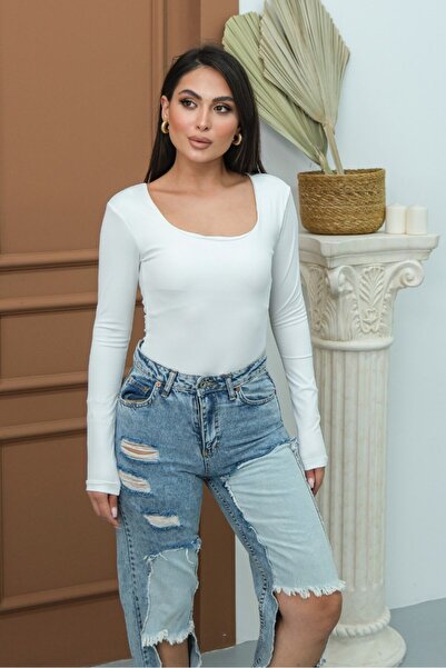 spirituel Women's Body Long Sleeve Square Neck Slim Fit Blouse with Snap Buttons at the Bottom