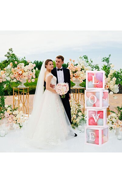 Flippy Set of 4 Balloon Boxes - "Love" Design, Love Theme, Decorative Plastic Cubes, 30 x 30 cm, Tra