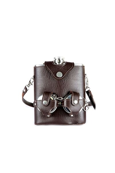 Doty Termos din oțel inoxidabil în husă de piele ecologică maro, 2 pahare pliabile, 500 ml