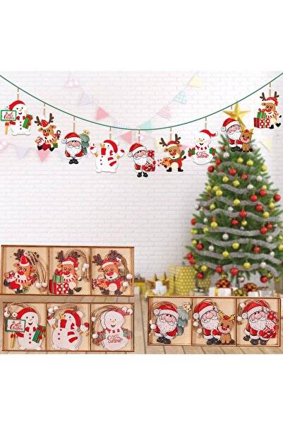 Flippy Set of 9 Wooden Christmas Ornaments with Hanging String — Santa, Reindeer & Gifts, Multicol
