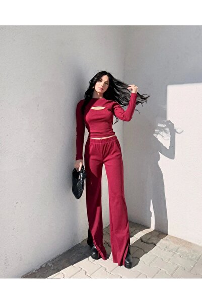 Vona Nova Detailed Windowed Top and Bottom Set Burgundy W3864