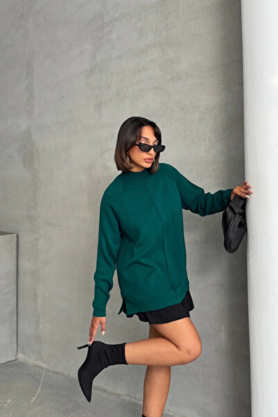 Lusin Women's Nefti Green Half Turtleneck Stylish Stripe Detailed Long Sleeve Knitwear Cardigan