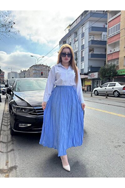 HepsitrentStore Baby Blue Color High Waist Long Model Wrap Skirt