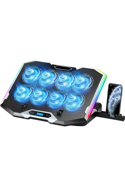 Elindor ® Laptop Cooler with 8 Silent Fans, RGB, Height Adjustment, LCD Digital Display, Black