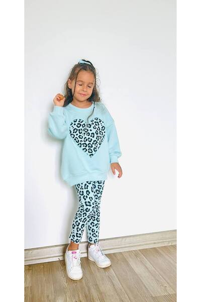 Lolliboomkids Girl's Floral - Leopard Detailed 3 Thread Bottom Top Set Sweatshirt + Leggings