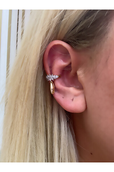 Hicrans Takı SALLANTILI GÜMÜŞ RENK ÇİÇEK MODEL GOLD EAR CUFF KIKIRDAK KÜPE