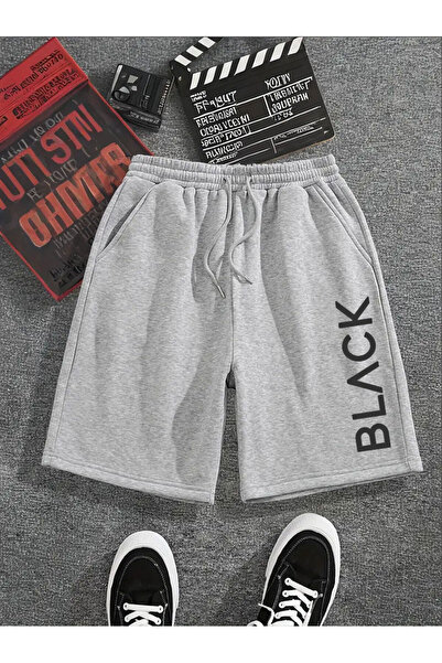 FUWEAR Gri - Antrasit Renk 2'li Büyük Beden Black Baskılı Erkek Bermuda Şort - 2 adet