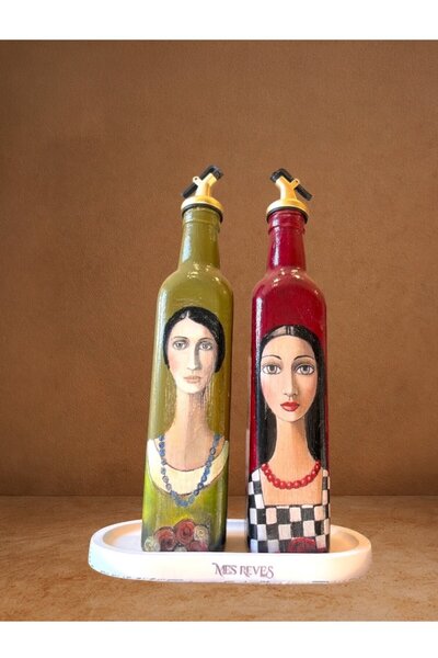 Mes Reves Handmade Artistic Oil Pot Set, Glass Bottle Design with Female Portrait, Vinegar Cruet & Sauce Bottle