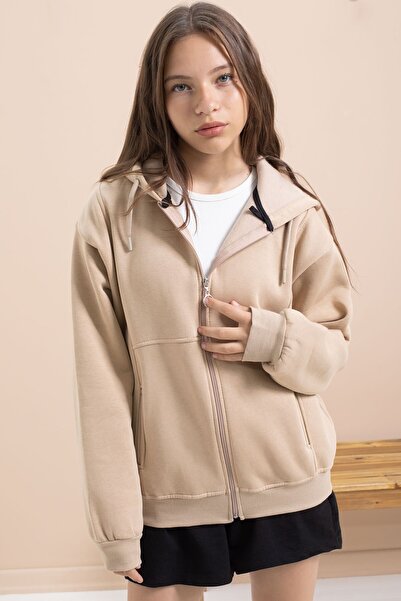 Cansın Mini Beige Girl's Hooded Cardigan with Hood 21522