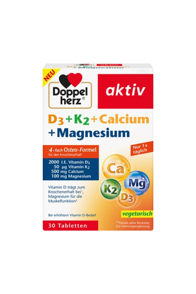 Doppelherz Vitamins D3 + K2 + Ca + Magnesium, Doppelherz, 30 Tablets