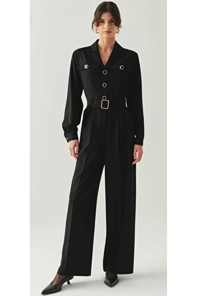 Exquise Emmalyn Cepli Siyah Uzun Kollu Gömlek Yaka Tulum