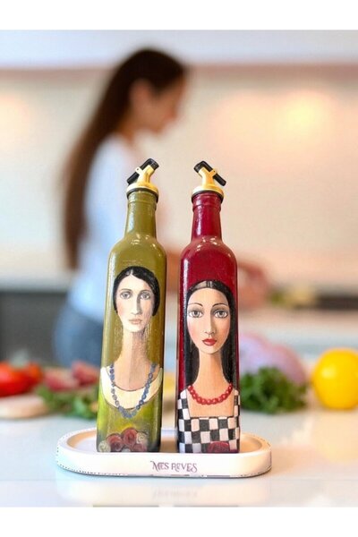 Mes Reves Handmade Artistic Oil Pot Set, Glass Bottle Design with Female Portrait, Vinegar Cruet & Sauce Bottle