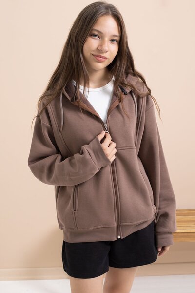 Cansın Mini Brown Girl's Hooded Cardigan with Ribbed Trim 21521