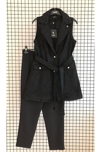 Armine Silver Buttoned Belted Trousers-Vest Set (Slim Fit) Autumn-Winter