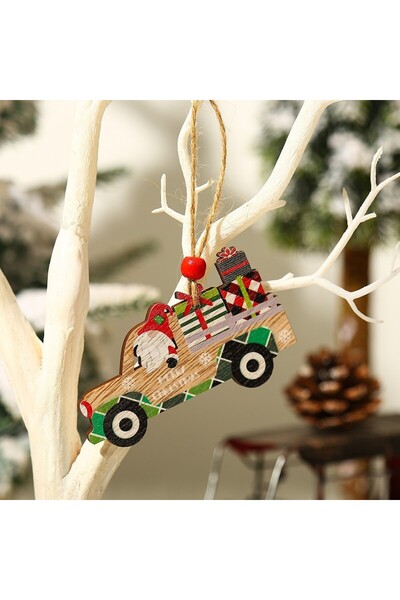 Flippy Wooden Christmas Decoration with Hanging String – Santa's Car, 'Merry Christmas', 8x8x0.4 c