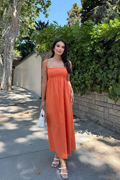 oshebu Oranj – Pamuklu Uzun Yazlık Kadın Elbise – Omuzdan Bağlamalı Askılı Büzgülü Astarsız