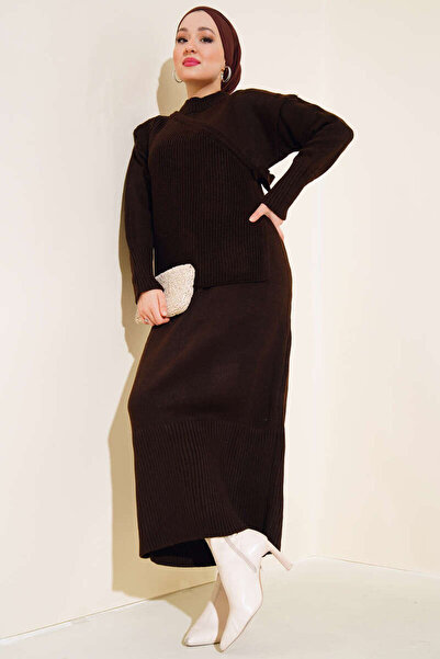 MY QILAM فستان تريكو مع رباط جانبي، مقاس قياسي (بين 36/44)، بني