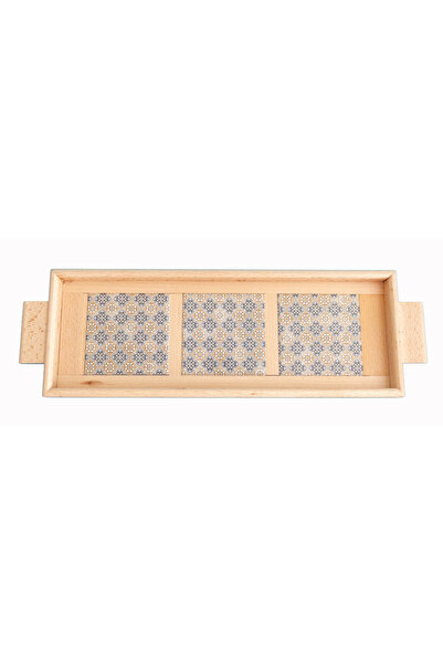 Kumiko Art Wooden tray decorated with 3 tiles, 46x15x3 cm