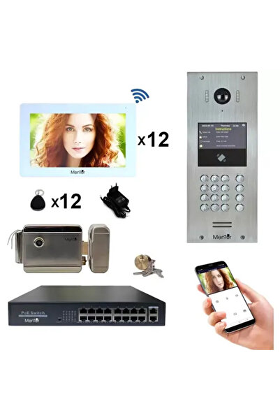 MMD Kit Interfon Video 12 familii wireless WiFi IP65 1.3MP 7 inch Color 4in1 POE Tag Mentor SYKT037