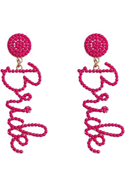 Just Pretty Corner Corner Crystal Bride Word Dangle Earrings, Hot Pink Rhinestone Statement Drop Earrings, Fashion Jewe