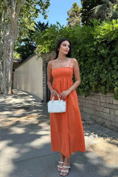 oshebu Oranj – Pamuklu Uzun Yazlık Kadın Elbise – Omuzdan Bağlamalı Askılı Büzgülü Astarsız