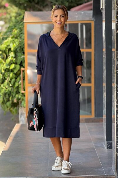 Nevin Kaya Moda Teplákové šaty v tmavě modré barvě - modalová tkanina