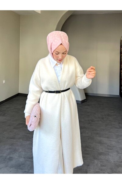 PİNK FLY Angora Belted Shawl Collar Long Cardigan