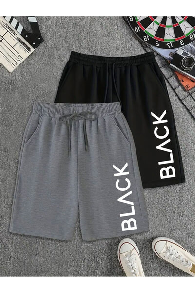 FUWEAR Antrasit- Siyah Renk 2'li Büyük Beden Black Baskılı Erkek Bermuda Şort...