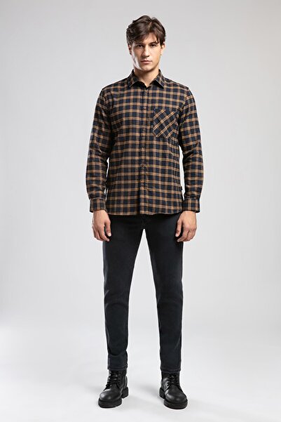 Lee Cooper Shaw Erkek Dokuma Gömlek Hardal-Lacivert Kareli