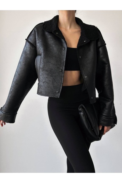 Butik Ayseba سترة نسائية من جلد نوبوك الأسود المُجَمَّع