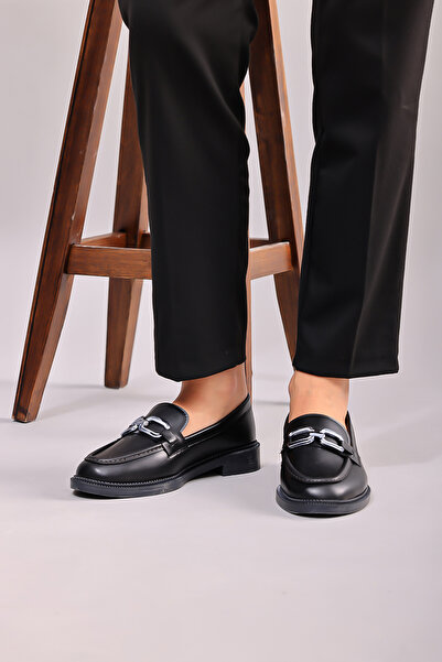 Modafadır Women's Black Loafer Moccasin Casual Silver Color Buckle Casual Shoes