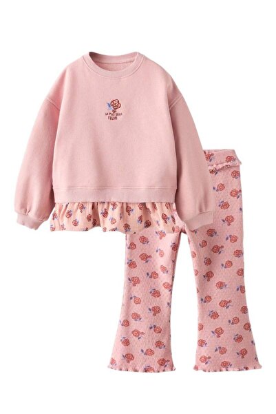 WİKİBOOM Girl's Floral Patterned Ruffle Sweatshirt and Leggings Set