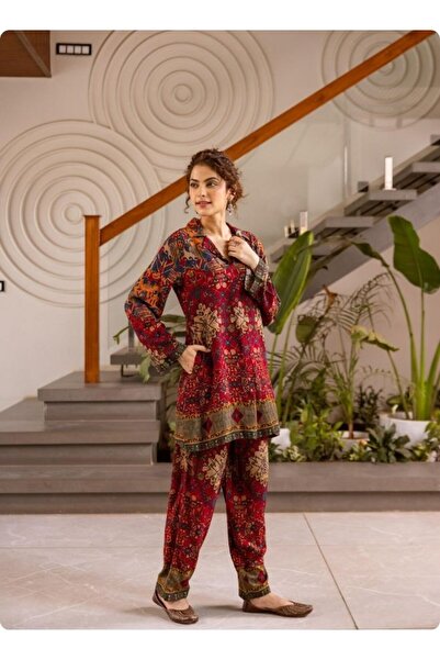HashtagBe Rust & Red Collar Neck Printed Kurta Set