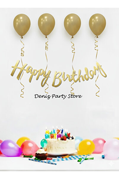 Deniz Party Store Σετ 4 μεταλλικών χρυσών μπαλονιών με καλλιγραφία Happy Birthday