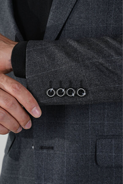 Bisse PCK 23203 DOKUMA FİLANEL-MONO YAKA-ÇİFT YIRTMAÇ-6 DR KLS CEKET Koyu-Gri