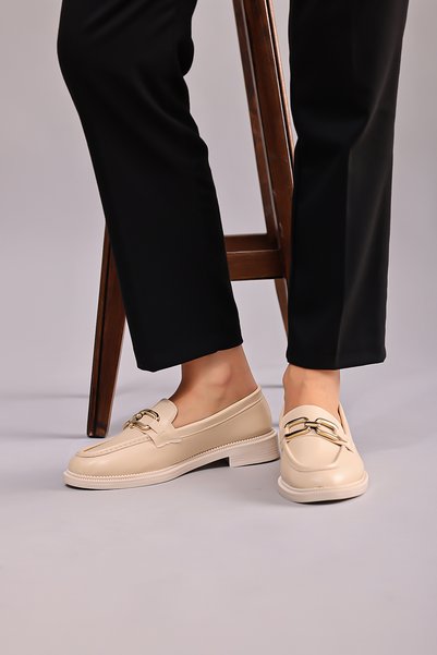 Modafadır Women's Cream Loafer Moccasin Casual Silver Color Buckle Casual Shoes