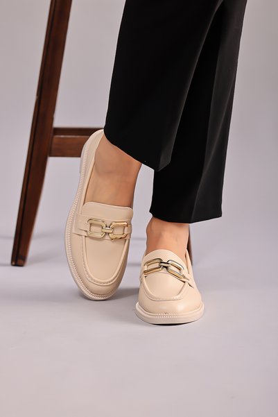 Modafadır Women's Cream Loafer Moccasin Casual Silver Color Buckle Casual Shoes